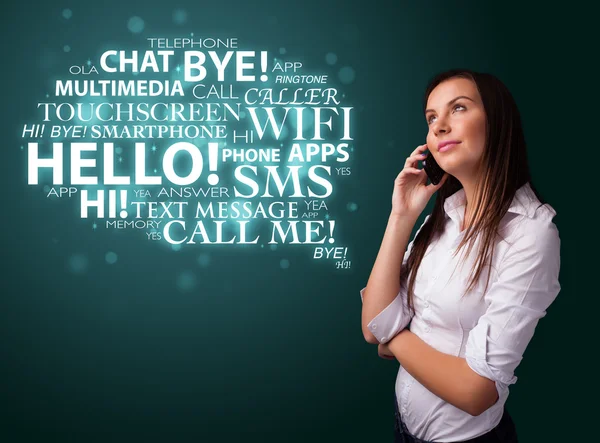 Young girl calling by phone with word cloud — Stock Photo, Image