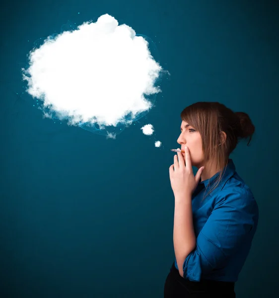 Young woman smoking unhealthy cigarette with dense smoke — Stock Photo, Image