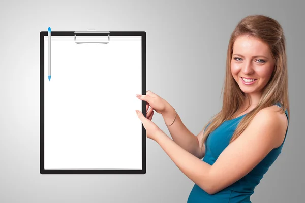 Young girl holding black folder with white sheet copy space — Stock Photo, Image