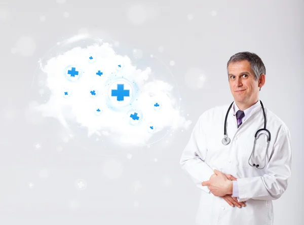 Doctor listening to abstract cloud with medical signs — Stock Photo, Image