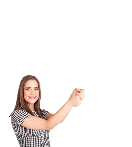 Jovem senhora gesticulando com espaço cópia — Fotografia de Stock