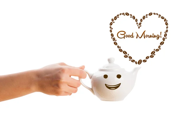 Oală de cafea cu boabe de cafea în formă de inimă cu semn de dimineață bun — Fotografie, imagine de stoc