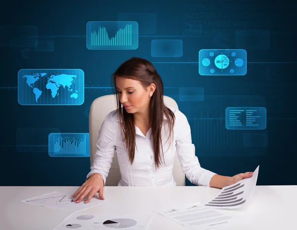 Businesswoman doing paperwork with digital background — Stock Photo, Image