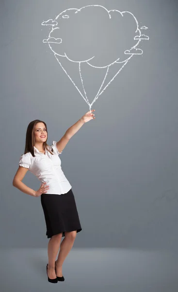Pretty lady holding a cloud balloon drawing — Stock Photo, Image