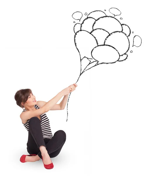 Mulher feliz segurando balões desenho — Fotografia de Stock