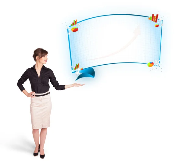 Young woman presenting abstract copy space with graphs and diagr — Stock Photo, Image