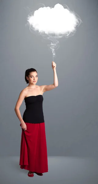 Beautiful lady holding cloud — Stock Photo, Image