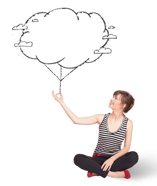 Jovencita sosteniendo globo de nube dibujo — Foto de Stock