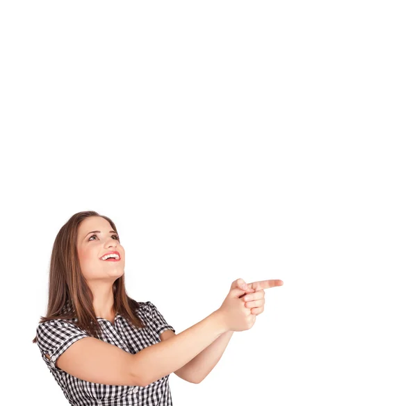 Девушка жестом с копировальным пространством — стоковое фото