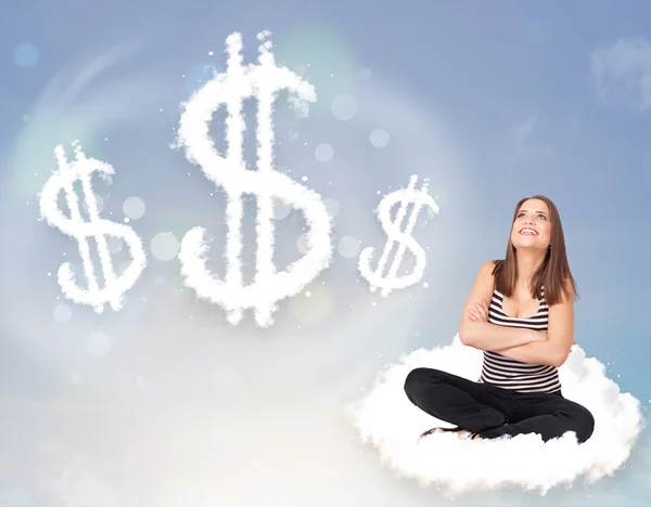 Jonge vrouw zitten op wolk naast wolk dollar tekenen — Stockfoto