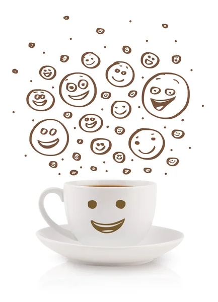 Coffee-cup with brown hand drawn happy smiley faces — Stock Photo, Image