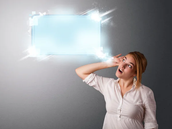 Young woman with abstract modern speech bubble — Stock Photo, Image