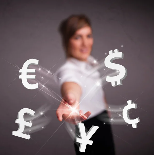 Young lady throwing currency icons — Stock Photo, Image