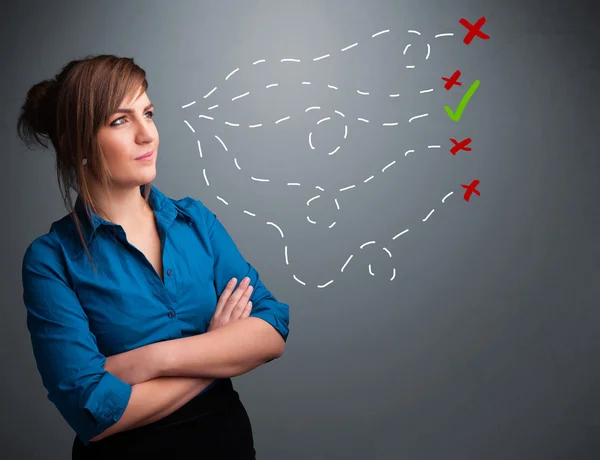 Young woman choosing between right and wrong signs — Stock Photo, Image