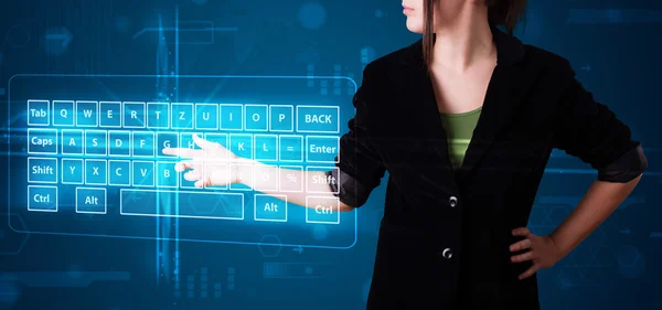 Girl pressing virtual type of keyboard — Stock Photo, Image