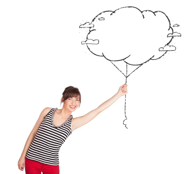Young lady holding cloud balloon drawing — Stock Photo, Image