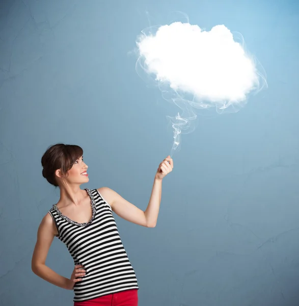 Beautiful lady holding cloud — Stock Photo, Image