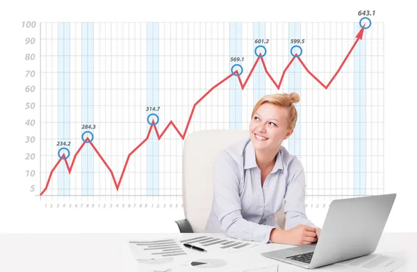 Ung affärskvinna beräkning av aktiemarknaden med stigande diagram jag — Stockfoto