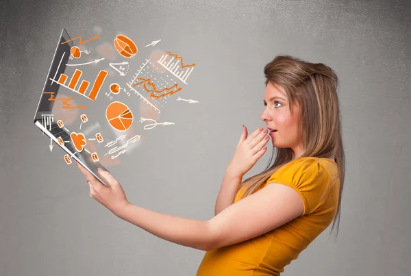 Beautiful lady holding notebook with graphs and statistics — Stock Photo, Image