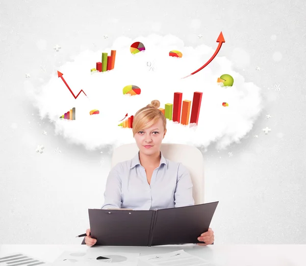 Young businesswoman with cloud in the background containing colo — Stock Photo, Image