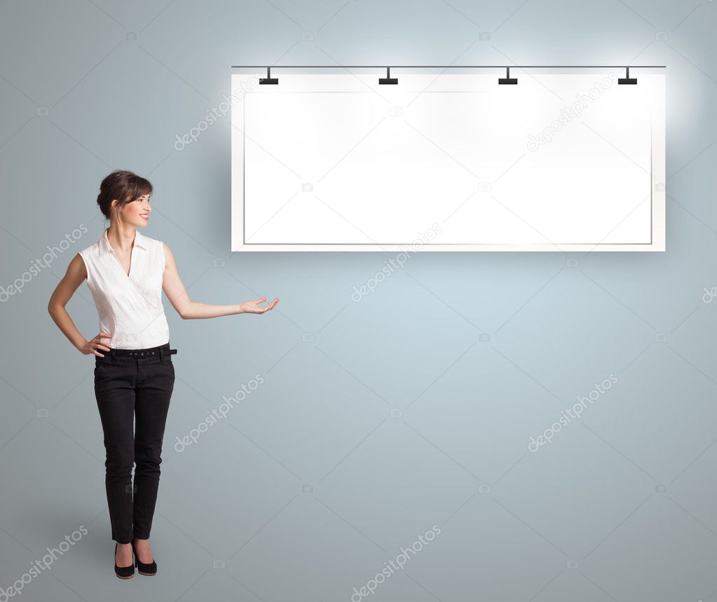 young woman presenting modern copy space