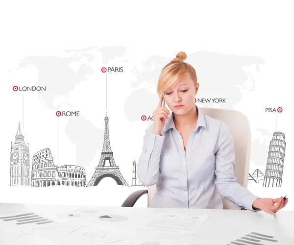 Beautiful businesswoman with world map and major landmarks of th — Stock Photo, Image