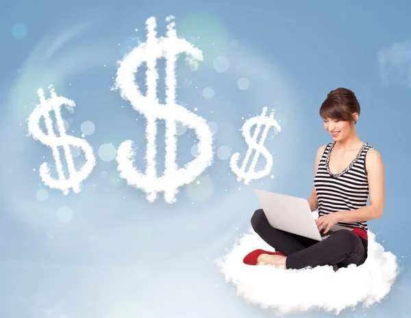 Young woman sitting on cloud next to cloud dollar signs — Stock Photo, Image