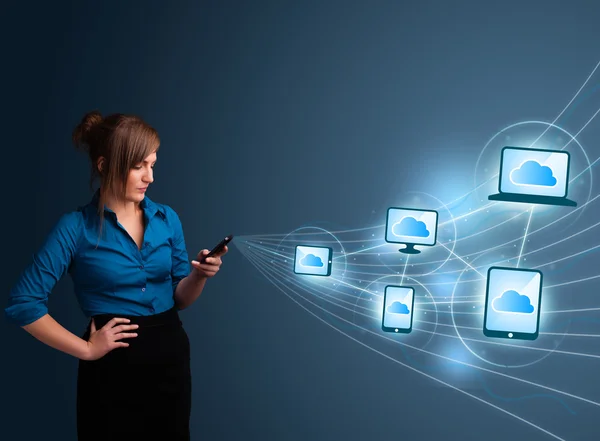 Pretty lady typing on smartphone with cloud computing — Stock Photo, Image