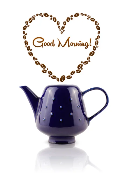 Kaffeekanne mit Kaffeebohnen geformtem Herzen mit Guten Morgen-Zeichen — Stockfoto
