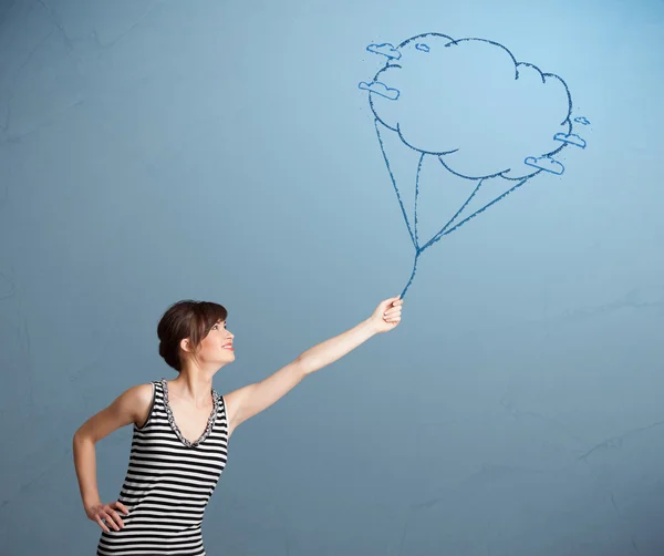 Pretty lady holding a cloud balloon drawing — Stock Photo, Image