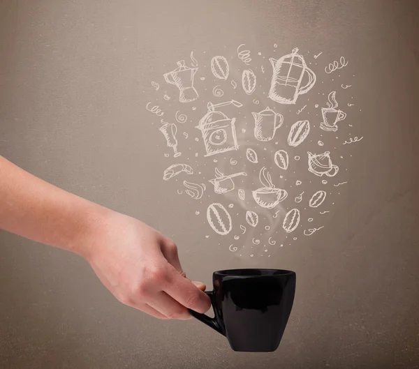 손으로 그린 부엌 액세서리가 있는 커피 잔 — 스톡 사진