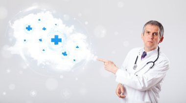 Doctor listening to abstract cloud with medical signs clipart