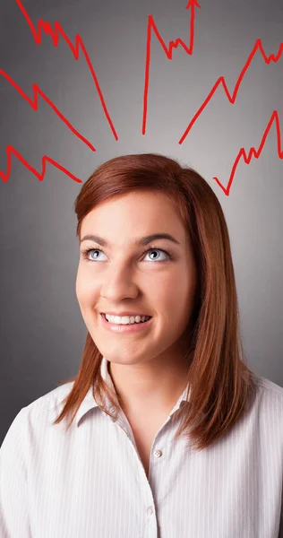 Jonge vrouw denken met pijlen overhead — Stockfoto