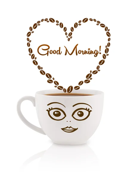 Cană de cafea cu boabe de cafea în formă de inimă cu semn de dimineață bun — Fotografie, imagine de stoc