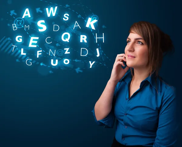 Young lady making phone call with shiny characters — Stock Photo, Image