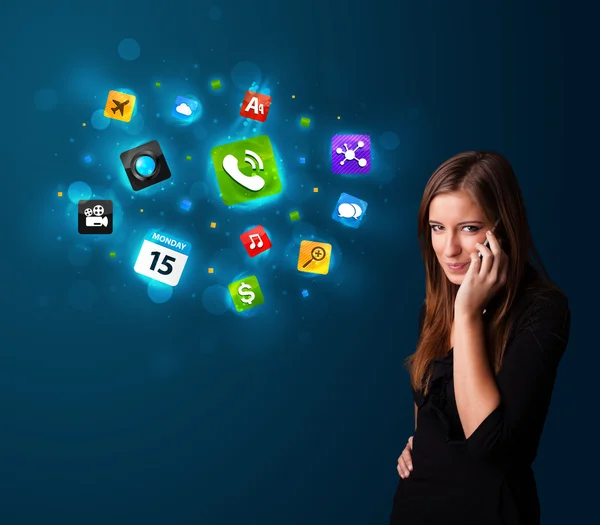 Young woman calling by phone with various icons — Stock Photo, Image