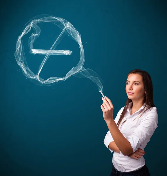 Young lady smoking unhealthy cigarette with no smoking sign — Stock Photo, Image