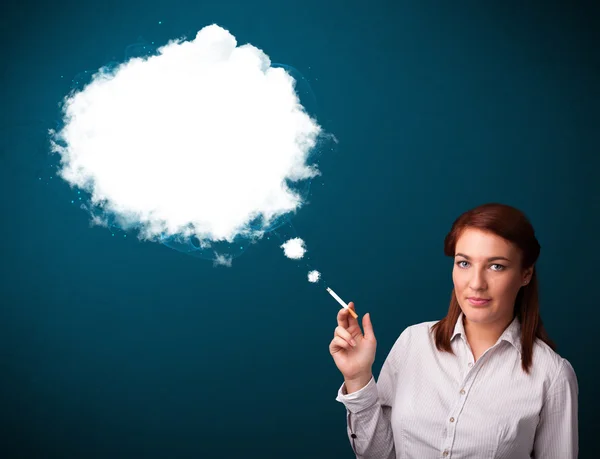 Young woman smoking unhealthy cigarette with dense smoke — Stock Photo, Image