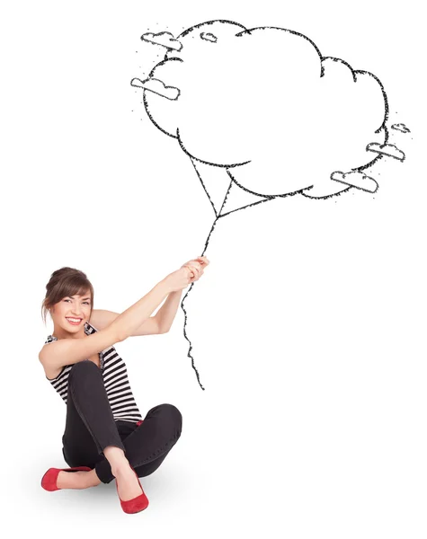 Young lady holding cloud balloon drawing — Stock Photo, Image