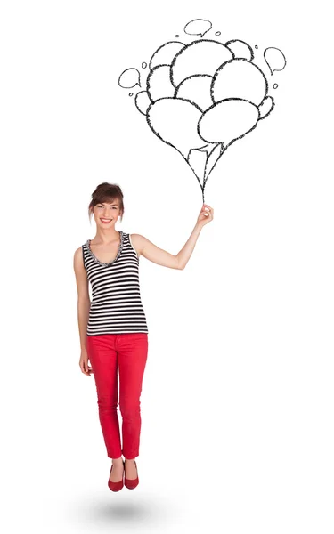 Happy woman holding balloons drawing — Stock Photo, Image