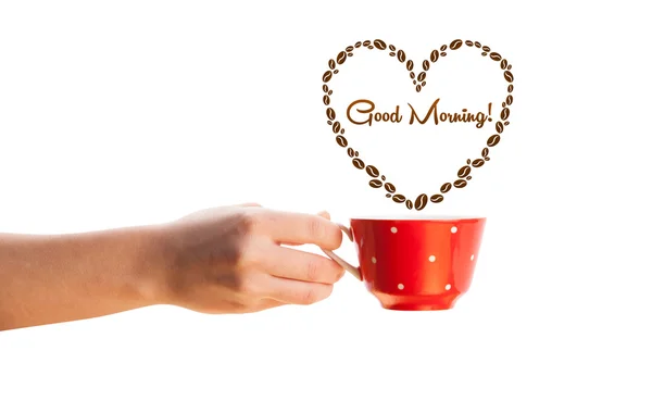 Coffee mug with coffee beans shaped heart with good morning sign — Stock Photo, Image