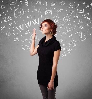 soyut beyaz ortam simgesini karalamalar ile genç ve güzel kız