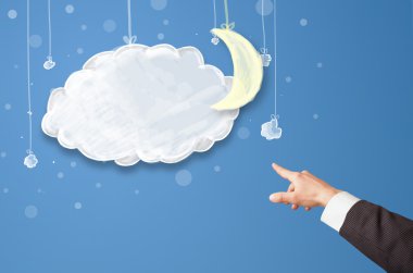 Karikatür gece bulutlarını gösteren el işaretleri