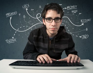 Beyaz çizgili düşünceleri olan genç bir hacker.