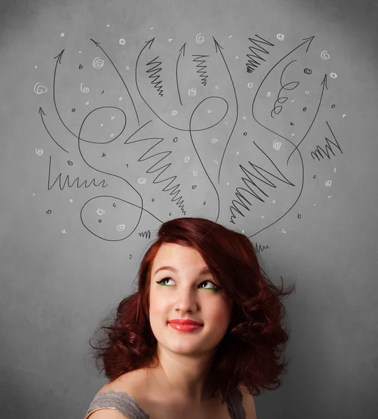 Young woman thinking with arrows over her head — Stock Photo, Image
