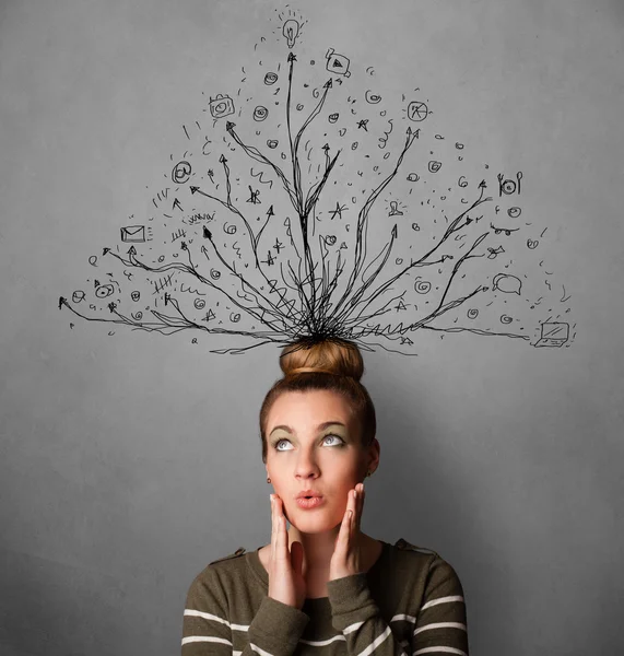 Young woman with tangled lines coming out of her head — Stock Photo, Image