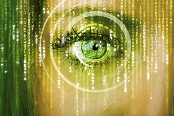 Moderne cyber vrouw met matrix oog — Stockfoto