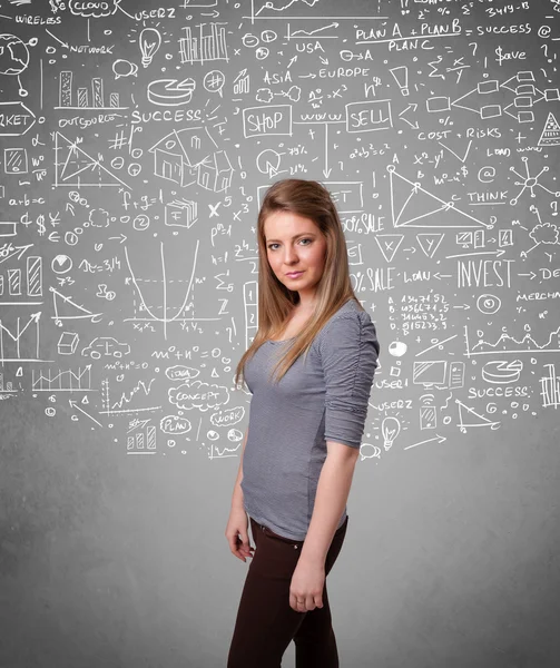 Young pretty lady with hand drawn calculations and icons — Stock Photo, Image