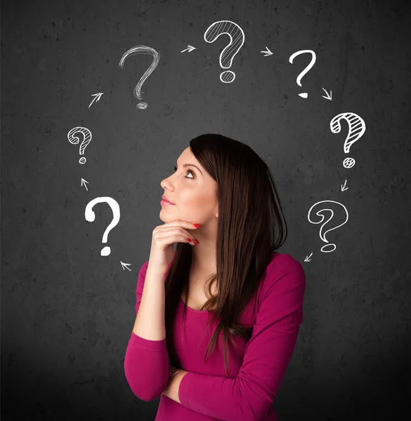 Young woman thinking with question mark circulation around her h — Stock Photo, Image