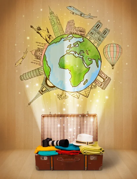 Bagage met reizen rond de wereld illustratie concept — Stockfoto